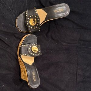 Michael Kors Black and Tan Wedge Sandals